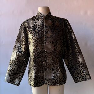 Black Gold Brocade Jacket XXL Mandarin Collar Asian Inspired Statement Coat
